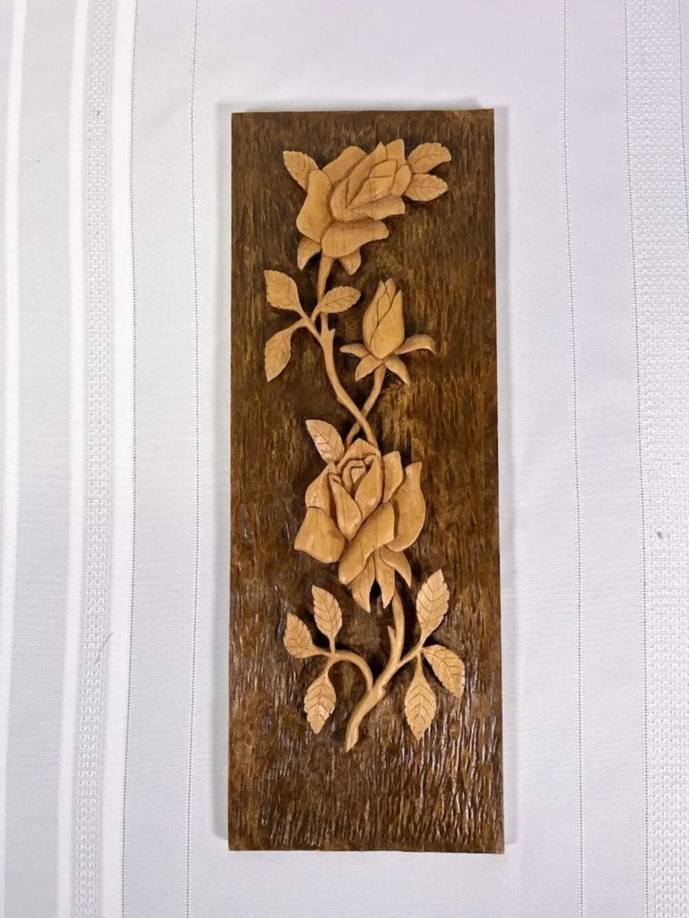 VTG Hand Carved Wood Rose Floral Wall Plaque Folk Mid Century Inspired 3D MCM